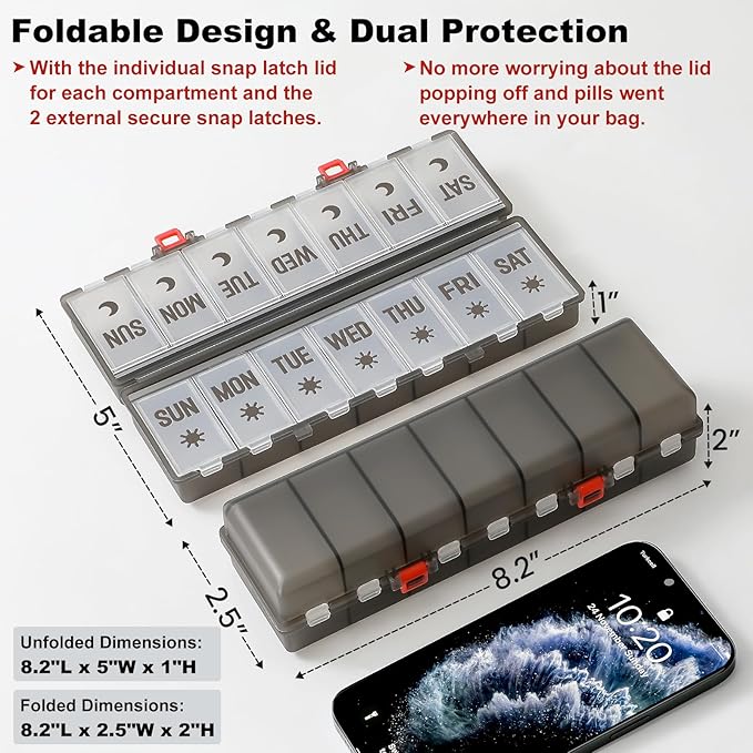 Foldable Pill Organizer 2 Times a Day w/Etched Labels -Dual Protection & Portable Weekly AM PM Pill Box, 7 Day Medicine Container, Large Travel Pill Case for Daily Supplement Vitamin -Clear Black