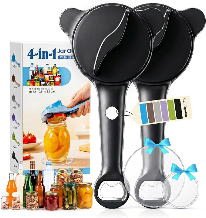 2026 Upgraded 4-in-1 Jar Opener - Adjustable Stainless Steel Lid Remover for Seniors & Arthritis Sufferers, Fits Kitchen Jars, Bottles & Cans Black(2Pcs)