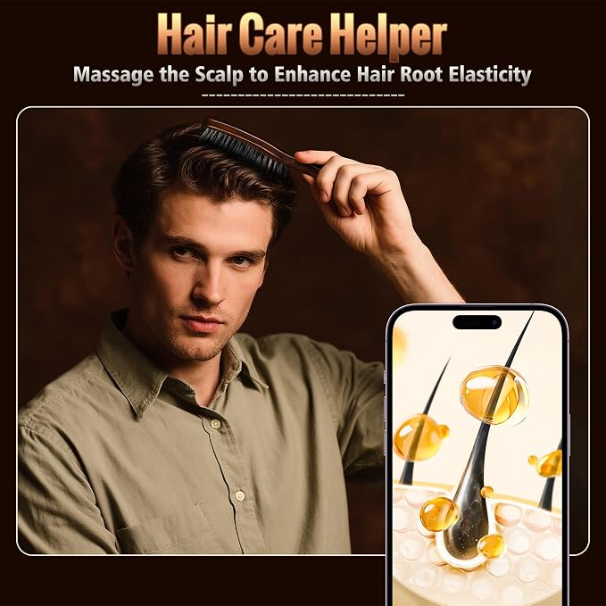 STYLEMATE Hair Brush for Men, Mens Nylon Stiff Bristles Hard Firm Hair Brush for Thick Hair, Slick Back Natural Black Walnut Wooden Handle for Smoothing, Detangling, Styling