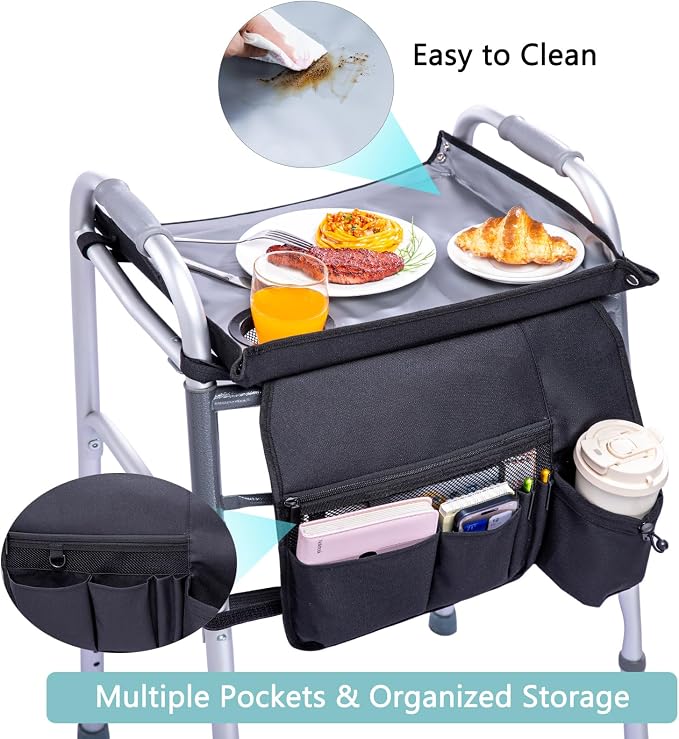 BAGSFY Walker Tray with Cup Holder & Front Walker Bag, Walker Basket for Seniors | Sturdy, Easy-Clean Tray with PEVA Surface | Universal Fit for Standard Walkers, Walker Accessories for Elderly