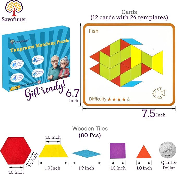 Memory Game for Senior, Dementia Activities Toy Tangram Puzzle for Elderly | 80 Pieces Wooden Cognitive Games for Alzheimer Patients, Large Colorful Shape Pattern Matching Board Brain Care Gifts Craft
