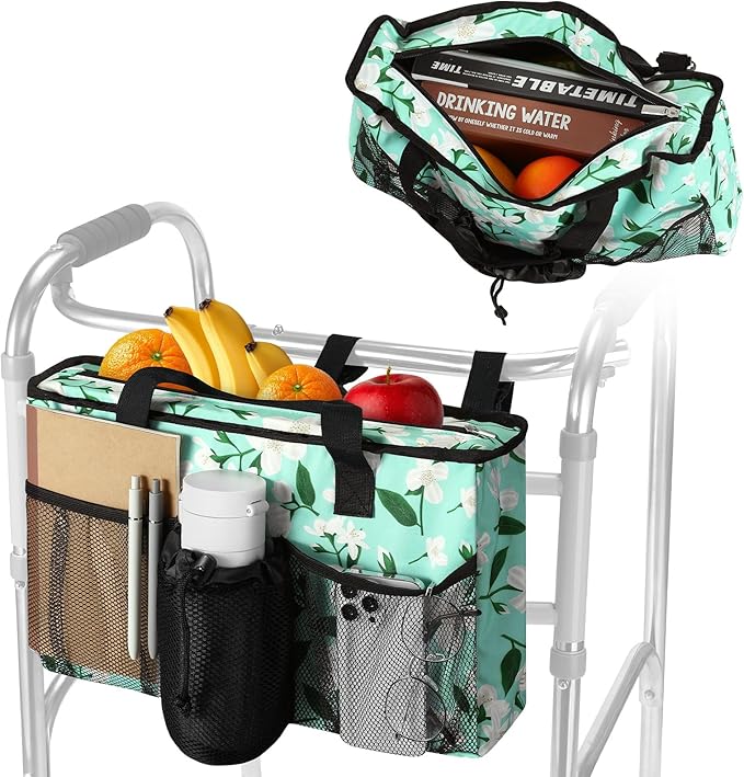 Rhino Valley Walker Bag, Large Capacity Walker Accessories Storage Bag with Multi Pockets & Cup Holder, Walker Basket with 4 pockets for Universal Walkers for Seniors, Green Lily