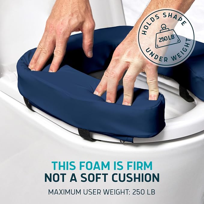 Lunderg Padded Toilet Seat Riser for Seniors - Adds 2 inches. Universal Fit | FIRM Raised Toilet Seat Cushion with High-Density Foam for Enhanced Comfort & Elevation. Post-Surgery Must have (Blue)