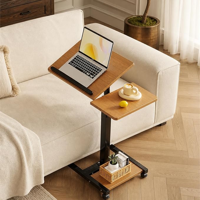 Laptop Desk Stand for Bed Portable Desk Overbed Bedside Mobile Laptop Table Rolling Foldable Table Adjustable Height with Locked Wheels & Mouse Pad for Office Sofa (Natural Color)