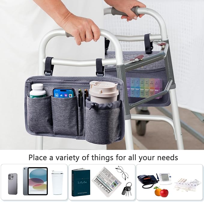 BAGSFY 2-Pack Walker Side Bag, Universal Walker Accessories with Cup Holder, Waterproof Folding Walker Organizer Caddy Pouch for Most Walkers with Side Bars, Double-Sided Storage for Seniors & Elderly