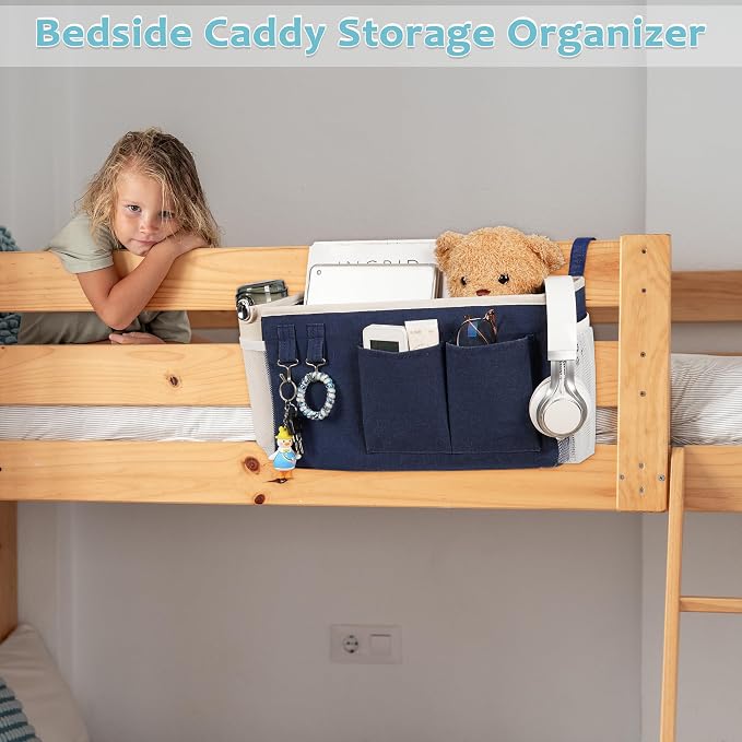 Bedside Caddy, Bedside Storage Bag Hanging Organizer for Bunk Dorm Bed Rail | Bed Caddy with Hooks, Top Bunks and Dorm Essentials for Water, Tissues, Tablets, Books, Phones, Remotes and Other Necessories