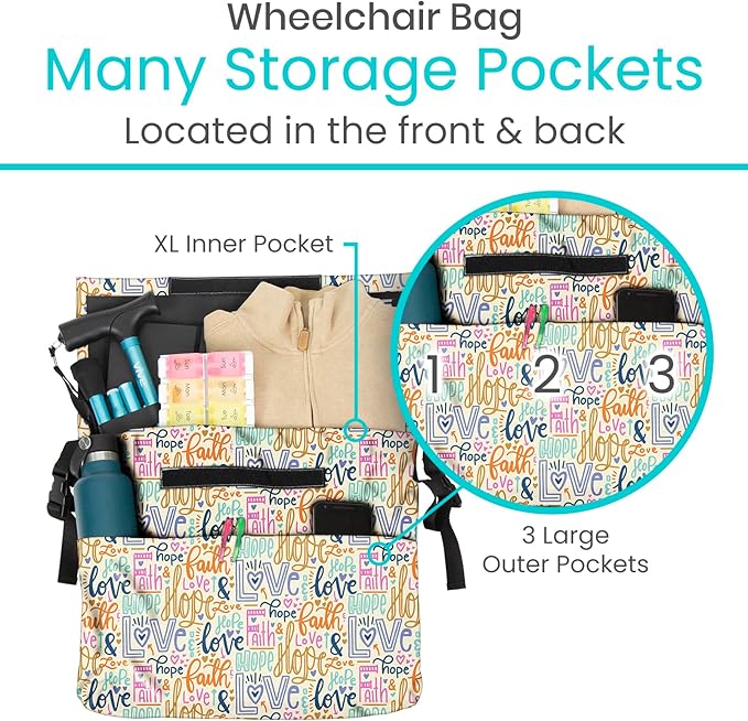 Vive XL Wheelchair Accessories Bag - Waterproof, Scratch-Resistant, Double-Stitched, Machine Washable for Adults, Seniors, 15 Colors - Storage Walker Backpack to Hang on Back