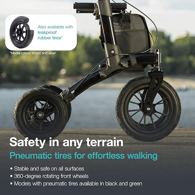 Helavo All Terrain Walker Rollator with 12” Pneumatic Tires – Foldable Outdoor Walkers for Seniors with Seat, Lightweight & Adjustable Height, Shock-Absorbing for Comfort on Any Surface