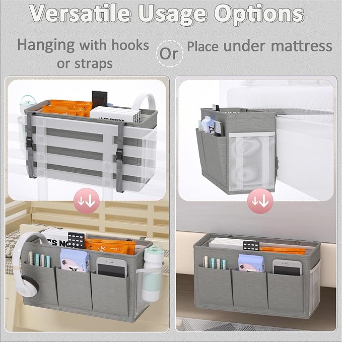 Bedside Caddy Storage Organizer for Bed Rails, Bed Caddy with 6 Pockets | Bedside Organizer with Fixed Straps and Hooks, Mattress Supported Versatile for Home, Dorm, Bunk, Hospital and Crib Bed