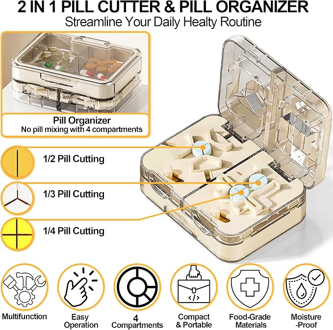 Pill Cutter Splitter for Tiny Small Large Pills - 1/2 1/3 1/4 Pill Splitter with Storage for Multiple Pills Cutting - Accurate Alignment Adjustable Pill Organizer