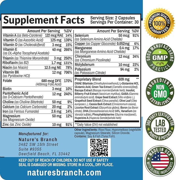 40-in-1 Brain Booster Supplement for Focus, Memory, Clarity, Energy | Advanced Vitamins Plus eBook | for Men & Women, Cognitive Function Nootropic Support with DMAE, Mind Health Formula | 60 Capsules