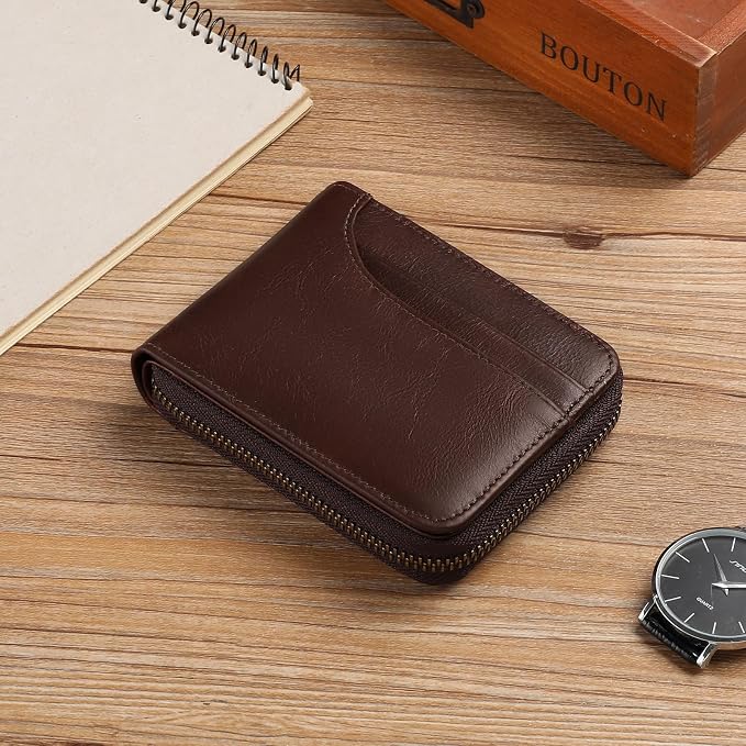 GOIACII Wallets for Men Genuine Leather Front Pocket Wallet RFID Zip Around Bifold Credit Card Holder | RFID