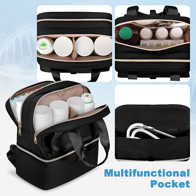 Fasrom Medicine Travel Bag, Pill Bottle Organizer w/Insulated Compartment | Double Layer Design with Waterproof Mat, Stores Vitamins & Medical Supplies, Travel, Home and Daily Medication Storage