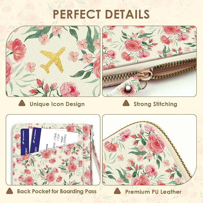 KONVINIT Beige Base Passport Holder For Travel, Passport Cover For Women | Leather RFID Blocking Passport Holder, Cute Passport Wallet with Zipper Closure, Passport Case for Women and Men