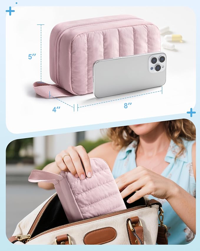 Marscamd Puffy Diabetes Travel Case with 2 Ice Packs, Insulin Cooler Travel Case with Multiple Pockets, Pink