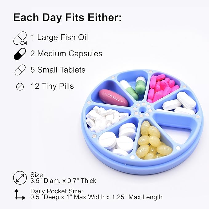 Travel RX Pill Case by Type Two Labs – Weekly 7 Day Pill Box, Compact Magnetic Organizer for Pills fits Purses or Pockets, Rugged Daily Caddy Holds Vitamins, Supplements and Medication. (Blue)