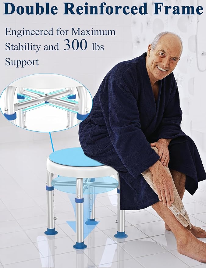 Swivel Shower Stool for Inside Shower, 360° Rotating Shower Seat with Heavy-Duty Support Up to 300lb, Adjustable & Non-Slip Chair for Senior Elderly Disabled Pregnant