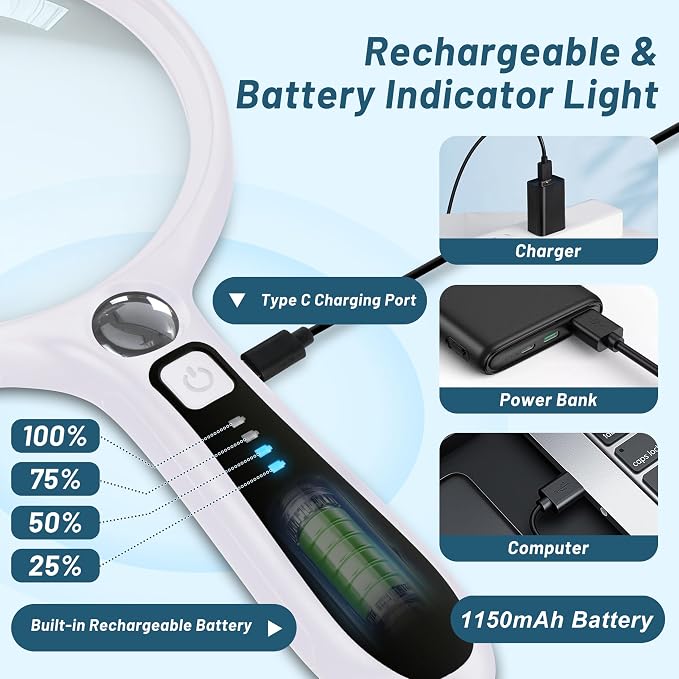 Large Magnifying Glass with Light: 10X 30X 5IN Lighted Handheld Magnifier with 13 LED Lights 3 Modes, 1150mAh Rechargeable Magnifying Lens Gift for Seniors Reading Coins Close Work-White+Black