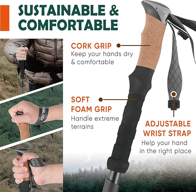 TREKOLOGY Trek-Z Cork Grip Trekking Poles – Lightweight Folding Hiking Poles, Adjustable Height, Compact Travel Design, Aircraft-Grade Aluminum Walking Sticks for Men & Women
