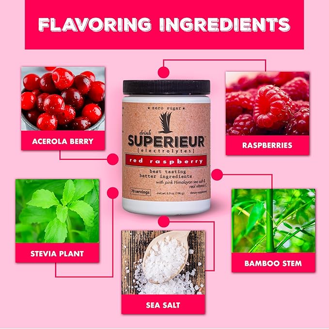 Superieur Electrolytes – Plant Based Electrolyte Supplement w/Sea Minerals for Hydration & Recovery – Keto Friendly, Non-GMO, Zero Sugar, Vegan Healthy Sports Drink Powder – Raspberry (70 Servings)