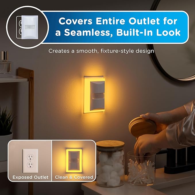 Enbrighten SleepLite Motion Sensor Night Lights Plug Into Wall Nightlight Amber Light Bathroom Bedroom Kitchen Nursery Kids Adults White 2-Pack