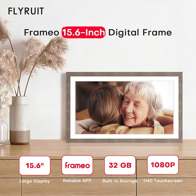 Frameo 15.6 inch Digital Picture Frame WiFi Wood, 1920 * 1080 IPS FHD Touchscreen Large Digital Photo Frame, 32GB Storage, Instant Share Photo Video, Wall-Mountable & Tabletop Display, Gift for Mom