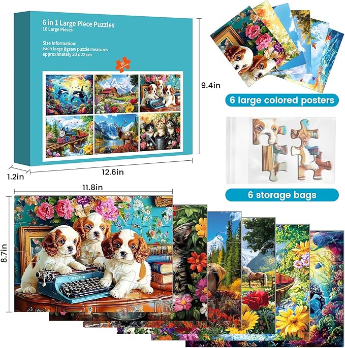 6 Packs 16 Large Piece Puzzle for Seniors, Alzheimer Dementia Puzzles for Elderly Adults, Dementia Alzheimer's Products Activities Memory Cognitive Games Jigsaw Puzzles with 6 Storage Bags