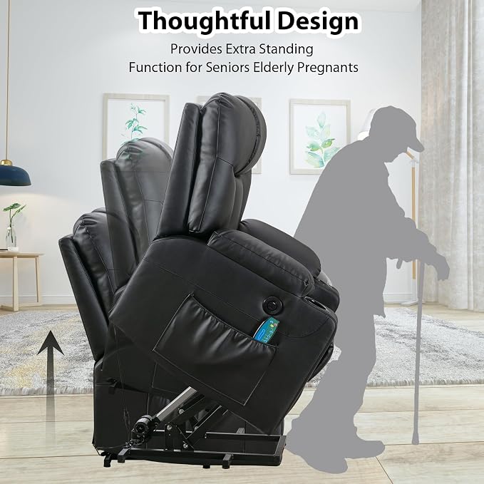 Bonzy Home Power Lift Recliner Chair with Heat and Massage, Faux Leather | Oversized Lift Chair for Adults Elderly Upholstered Massage Recliner with 2 Cup Holders, Side Pocket, Black