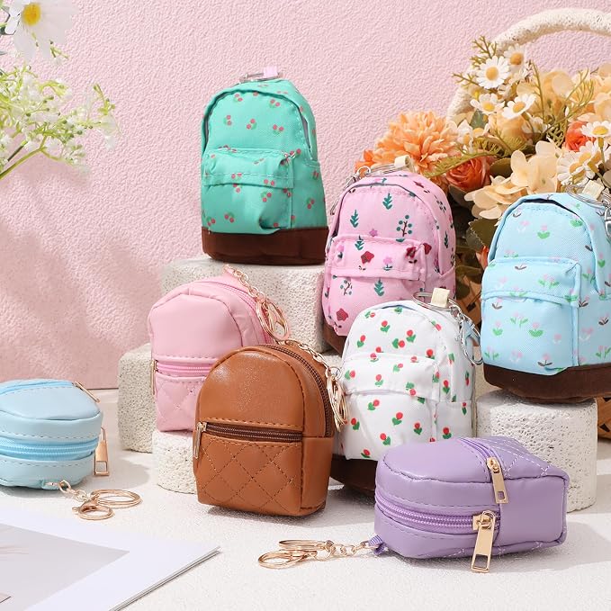 Hsei 8 Pcs Mini Backpack Keychain Coin Purse Tiny Key Chain Cute Cosmetic Bag Change Pouch Wallets Mini Gifts for Women Multi Pocket Card Holder Small Items Cable Organizer Zipper Pouch (Fresh Mix)