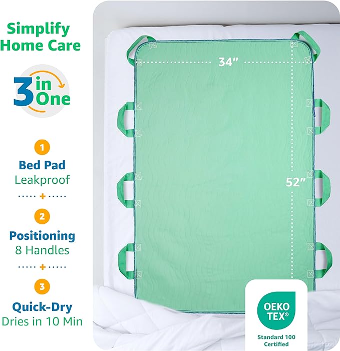 Improvia Positioning Bed Pad, with 8 Reinforced Handles, Quick-Drying, Washable, Waterproof, for Lifting, Turning, Transfering, Elderly and Incontinence Patients (Green, 34" x 52" - Pack of 1)