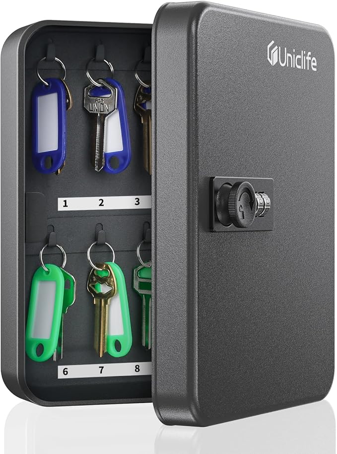 Uniclife 20-Key Steel Key Cabinet, Black Key Box with Combination Lock | Resettable Digital Security Storage Box, Wall-Mounted Key Organizer with Colorful Key Tag Labels for Schools and Companies