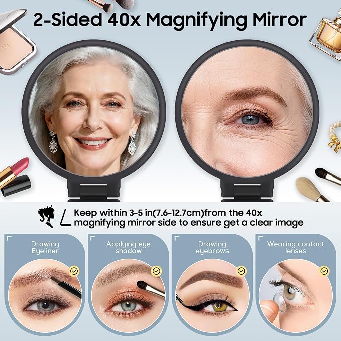 B Beauty Planet 40X Magnifying Mirror, Hand Mirror for Makeup, Double Sided with 40X/1X Magnification, Travel Essential, Portable Foldable for Desktop and Bathroom, Gift for Women, Frosted Black