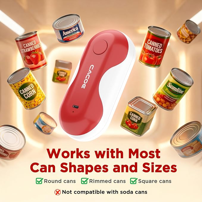 CACOE Automatic Smart Electric Can Opener with Auto Stop & USB-C Charging | Cordless Can Opener for Elderly and Arthritic Users for Seniors & Arthritis, Effortless One-Touch Open (red)