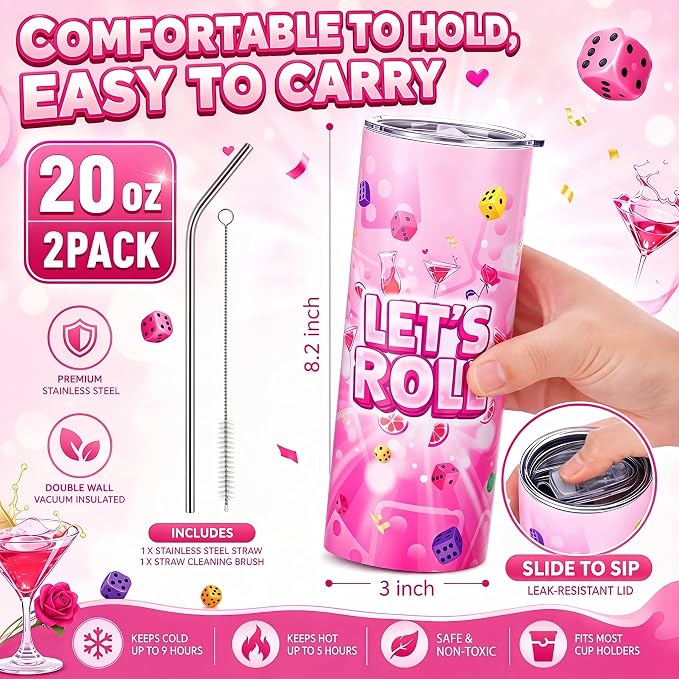 Geiserailie 2 Pack Bunco Party Supplies Stainless Steel Tumbler 20oz Bunco Game Lets Roll Dice Cups Reusable Insulated Cup with Lid and Straws for Players Bachelorette Buncos Game Night Party Gifts