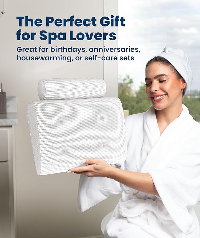 Everlasting Comfort Luxury Bath Pillows for Tub with Head and Neck Support - Non-Slip Bathtub Pillow with Suction Cups, Quick-Drying Mesh & Drying Hook - Jacuzzi & Spa Accessories for Women - White
