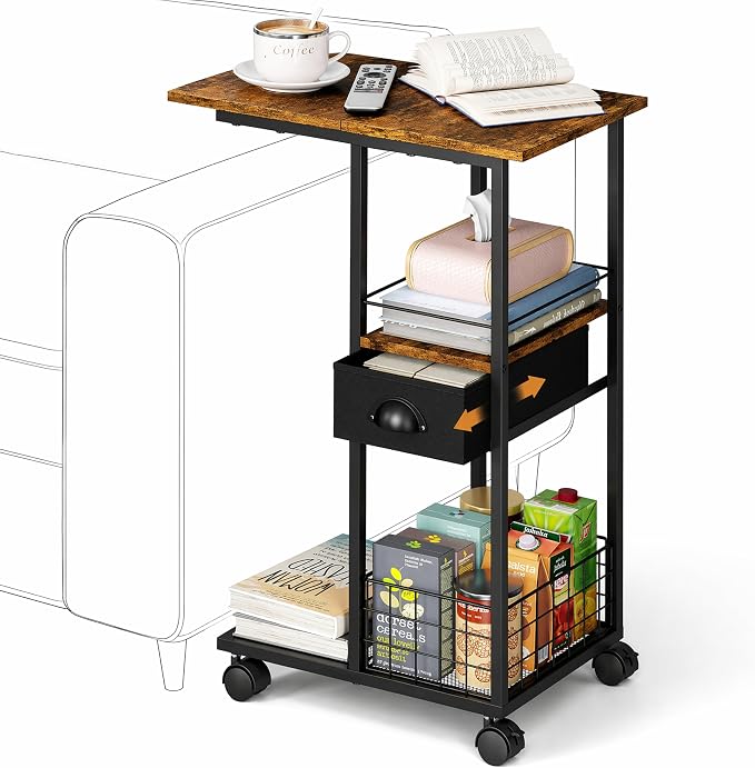 C Shaped Sofa Side Table with Wheels, Rolling Small Coffee Table with Drawer, Portable TV Tray Table for Couch, Bedside Table with Storage, Narrow Nightstand for Bedroom, End Tables Living Room