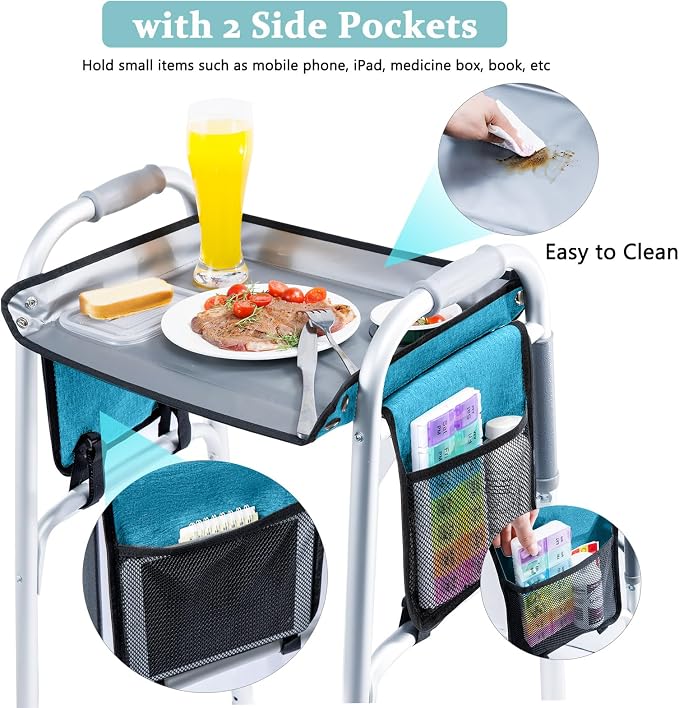 BAGSFY Walker Tray with Cup Holder & Side Pocket – Hard Top Walker Table for Seniors – Folding Walker Accessory for Meals, Reading, Drinks – Non-Slip Surface, Tool-Free Install, Universal Fit