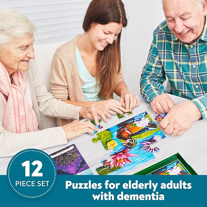 Assistex Large Piece Jigsaw Puzzle for Seniors with Dementia with Conversation Prompts, Large Piece Memory Game for Adults, Elderly, and Dementia Patients – Duck Pond Puzzle, 12 pcs