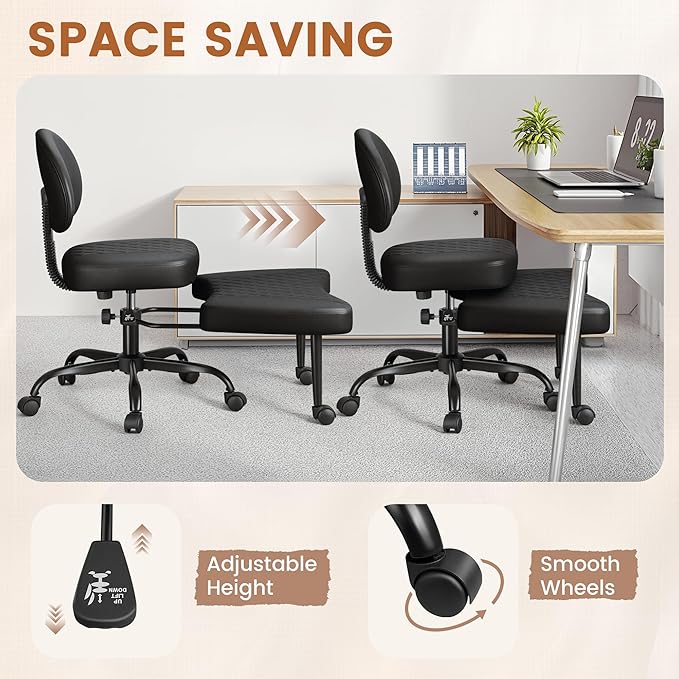 Ergonomic Cross Legged Office Chair with Wheels - Adjustable Height Kneeling Meditation Chairs for ADHD, Yoga & Desk Work - Wide Criss Cross Seat with Lumbar Support, Black