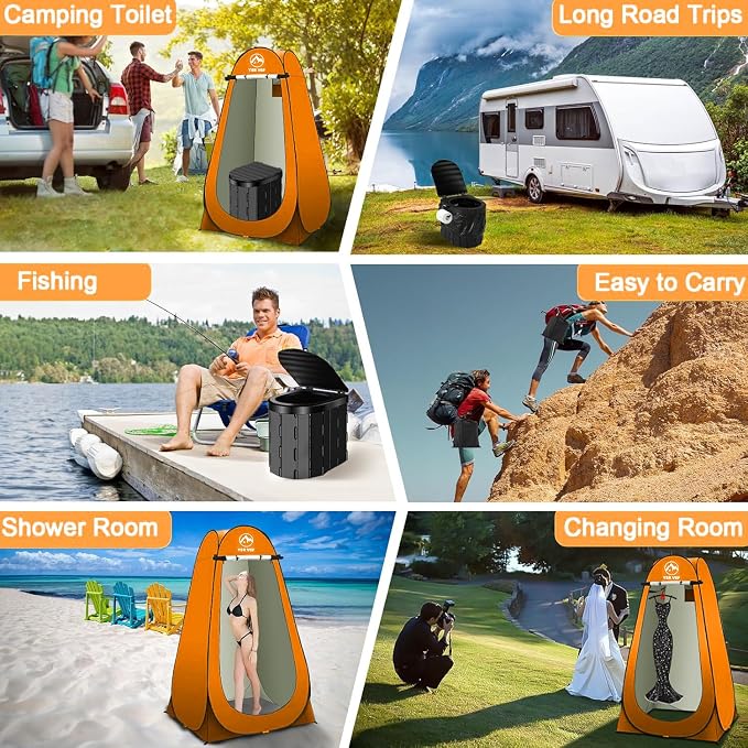 Portable Toilet Kit, Camping Toilet with Pop-Up Privacy Tent and Poo Gel Toilet Bags, Washable Portable Outdoor Showers Changing Rooms