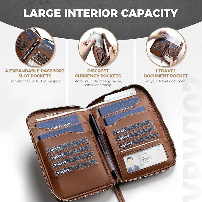 VULKIT Leather Passport Holder for 4-8 Passports Family Passport Wallet with Zipper Travel Documents Organizer for Men or Women(Espresso)