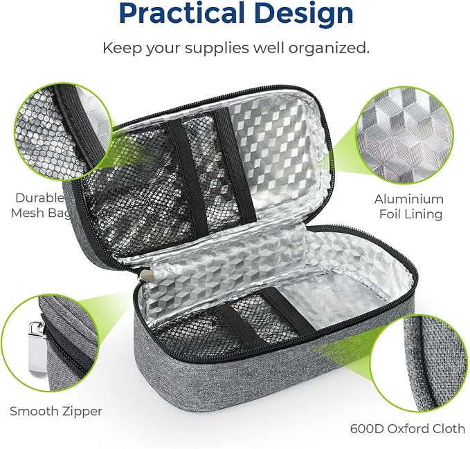 AUVON Insulin Cooler Travel Case, 2x160g TSA Approved Ice Packs, Portable | Diabetic Medication Insulated Cooling Bag for 3-4 Insulin Pens and Diabetic Supplies Storage, Compact for Daily and Trips