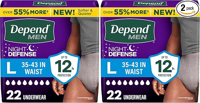 Depend Night Defense Adult Diapers, Incontinence Underwear for Men, Disposable, Overnight, Large, Grey, 22 Count, Packaging May Vary (Pack of 2)