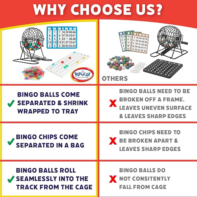 Popular Playthings Deluxe Bingo Game Set, Metal Cage with Reusable Cards and Marker Chips, Board Game Set for Adults and Kids - 18 Cards & 150 Chips