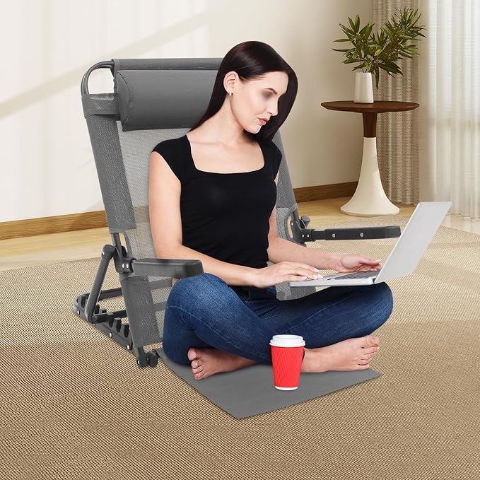 Adjustable Lifting Bed Backrest with Armrests 8-Position Adjustable, 330LBS Load Bed Back Support Chair for Reading Sleeping Watching TV, Portable Folding Floor for Elderly or Patients (Grey)