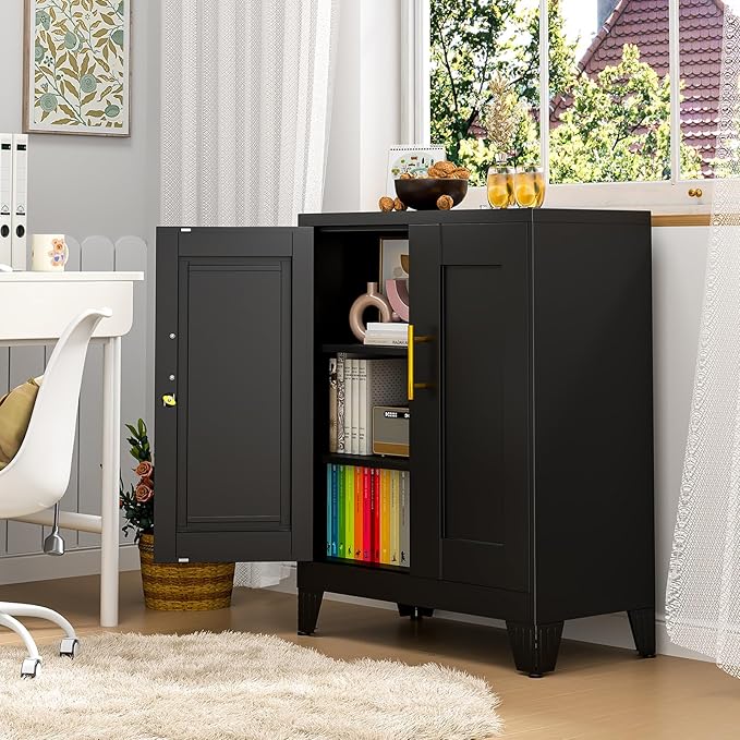 pozdeg Metal Storage Cabinet with 2 Doors, 35.8" H Steel Metal Locker Storage Cabinet with 2 Adjustable Shelves, Versatile Storage Buffet Sideboards for Home Office Garage or Gym (Black)