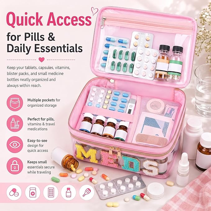 Geetery Double Layer Meds Makeup Bag with Chenille Letter, Clear Travel Medicine Bag for Women, Dual Compartment Cosmetic Organizer, Transparent Toiletry Pouch for Travel, Pink Pill Organizer Case