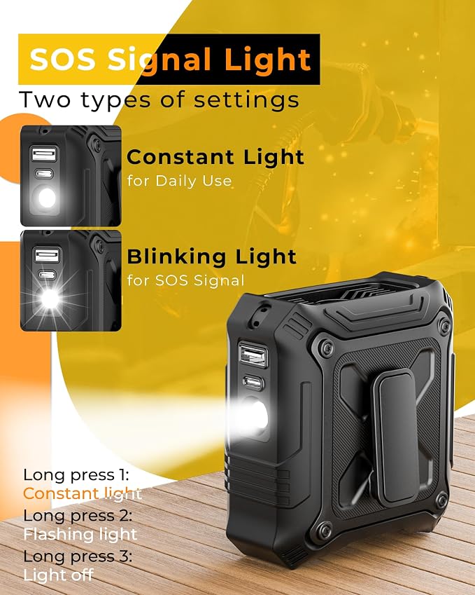 TUNISE Portable Fan with 5-Speed Settings, Dual-Sided Clip on Wearable Belt Waist Fan for 8000mAh, 2 Settings including Flashlight,Travel Essential for Outdoor Camping as Power Bank