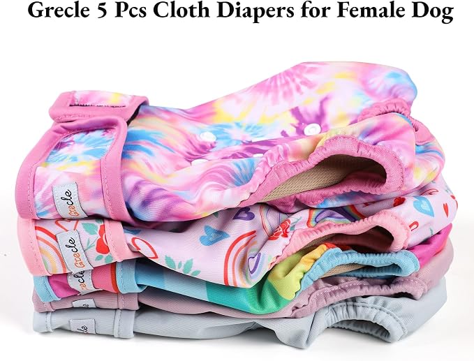 Female Dog Diapers 5Pcs - Premium Reusable Diapers for Doggie in Heat - Highly Absorbent Dog Diapers Female for Pet Incontinence with Adjustable Snaps,Rainbow, M