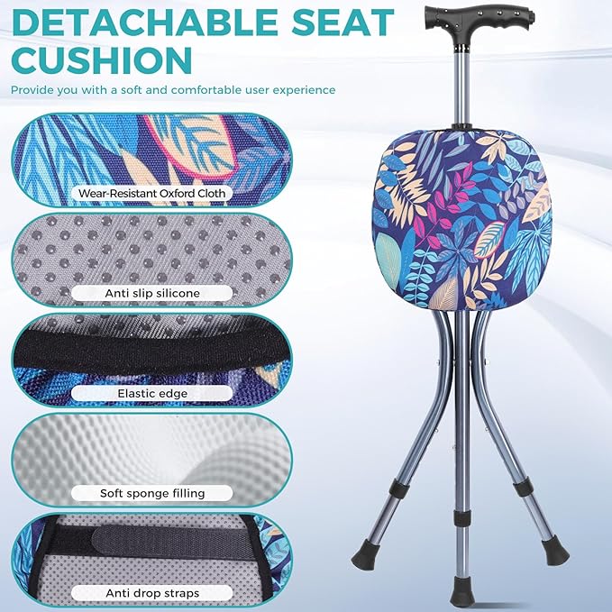 Portable Adjustable Folding Walking Cane with Seat and Cushion，Cane seat for Seniors with Magnetic Massage Handle, Lightweight Walking Cane with LED Light，Supports up to 330 Pounds